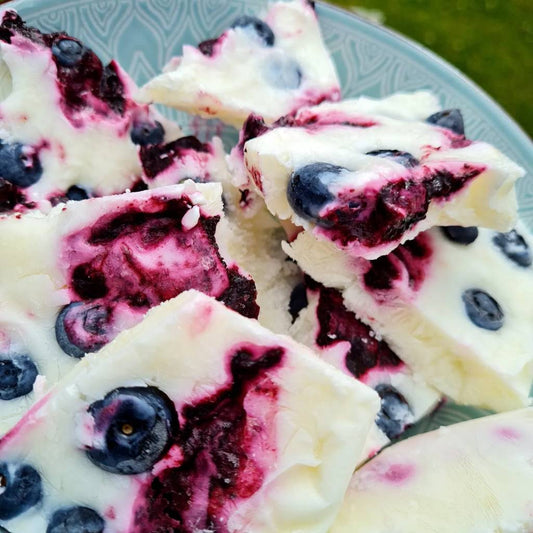 Low Carb Frozen Joghurt Bites mit Fruchtbrumme Blaubeere